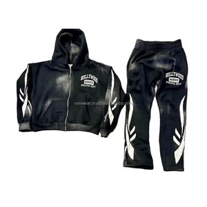 Survêtement pour homme en molleton français d'hiver, pantalon évasé deux pièces, sweat à capuche, grande taille, séchage rapide, coupe-vent - Product Image 1