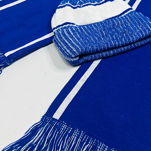 Ensemble bonnet et écharpe en tricot acrylique rayé bleu et blanc avec logo personnalisé Alpha Phi Beta Sorority, pompon premium, équipement d'hiver - Product Image 2