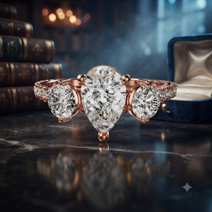 Bague de fiançailles en or rose avec trois diamants taille poire pour femme, bague pavée pour mariage, promesse ou anniversaire - Product Image 1