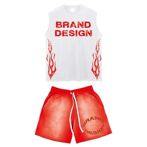 Men's Custom Two-Piece Set Breathable Cotton Acid <b>Wash</b> Sweat Shorts Sleeveless T-Shirt Distressed Casual Style High Elastic - Product Image 1