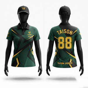 เสื้อสนุกเกอร์ผู้หญิงแบบสั่งทำพิเศษ 180 GSM ผ้าโพลีเอสเตอร์พรีเมียม ระบายความชื้นได้ดี สีเขียว ดำ ทอง  ลายแผง  เสื้อกีฬา  โลโก้แบบรีดร้อน - Product Image 1