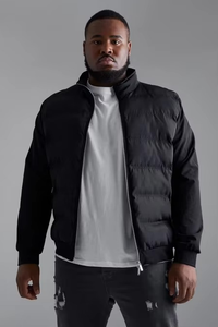 Men's Black Windproof Puffer Jacket With Stand Collar Regular Fit Polyester Wadding <b>Winter</b> Casual Coat Zipper Closure - Product Image 4