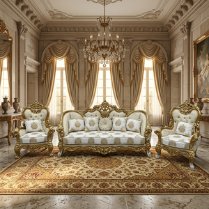 Ensemble de canapés 5 places convertible en teck massif, artisanal, avec mousse, finition or antique, mobilier de luxe pour salon d'appartement - Product Image 2