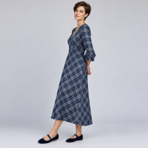 Vestido midi azul marino a cuadros con cuello en V y mangas tres cuartos para mujer - Product Image 3