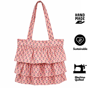 Blush Pink Floral Print Tiered Ruffle Cotton Tote Bag with <b>Shoulder</b> <b>Straps</b> Lightweight Handmade Eco-friendly Travel Shopping Bag - Product Image 4