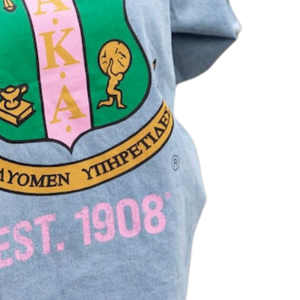 Custom Light Blue Women's Embroidered T Shirts with Green Crest Design <b>Pink</b> Lettering Short Sleeve Crew Neck Casual Fashion <b>Tops</b> - Product Image 5