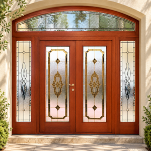 Portes d'entrée doubles en bois sur mesure pour résidences, avec panneaux en vitraux et transom arqué, pour usage extérieur, Villa GA-52 - Product Image 5
