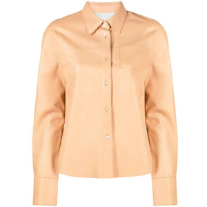Chemise pour femme en similicuir beige à manches longues, col rabattu, boutonnée sur le devant, style minimaliste, longueur normale, tissu tissé - Product Image 1