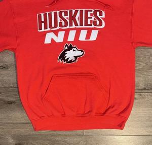 Sudadera con capucha vintage con estampado gráfico grande del logo de los Northern Illinois Huskies para hombre, talla M, color rojo - Product Image 5
