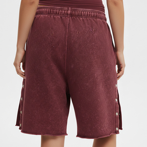 Shorts en toile délavée pour femme, taille mi-haute, style vintage, respirant, écoresponsable, streetwear, boutons latéraux, broderie personnalisée - Product Image 6