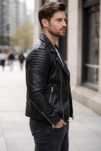 Veste moto en cuir véritable pour homme, coupe ajustée, col rabattu, fermeture éclair, couleur noire unie, pour l'automne - Product Image 3