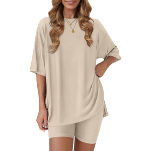 Conjunto de 2 Piezas de Punto Azul para Mujer, Top Holgado con Cuello Redondo y Pantalones Cortos, Transpirable, Informal, para Primavera y Verano - Product Image 4