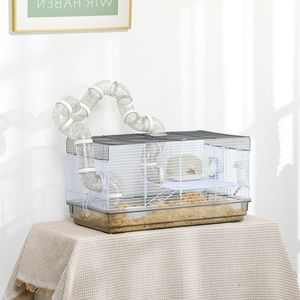 Gabbia per Piccoli Animali per Gerbilli o Criceti Nani 58x33x30 cm Grigia con Tubi, Ruota per Esercizio, Ciotola per Cibo e Bottiglia per Acqua - Product Image 1
