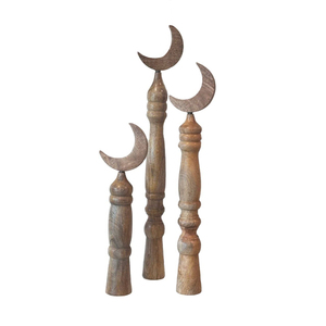 Handcrafted Wooden Moon Finial Stand Set For <b>Rustic</b> <b>Home</b> & Eid <b>Decoration</b>. Elegant Turned Pillars, Unique Tabletop Accents - Product Image 4