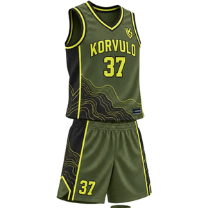 Ensemble d'uniformes de basketball personnalisés pour hommes, vert olive et jaune, maillot sans manches à col en V, short, impression de numéros d'équipe, kits en gros - Product Image 1