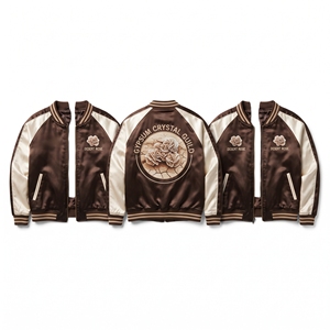 Wholesale B2B Supplier Grey Lilac Satin Varsity Jacket Zip Up Custom Embroidered Prismatic Mineral Guild Baseball <b>Coat</b> - Product Image 2