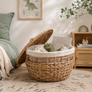 Panier de rangement en jacinthe d'eau naturelle tressé avec couvercle, organisateur rond fait main pour salon, chambre, buanderie, décoration intérieure - Product Image 1