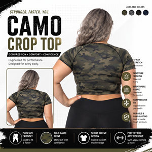 Camo Crop <b>Top</b> Women's Plus Size Short Sleeve Compression Cropped <b>Tank</b> <b>Top</b> O-Neck Breathable Spandex Polyester <b>Ladies</b> Gym <b>Top</b> - Product Image 3