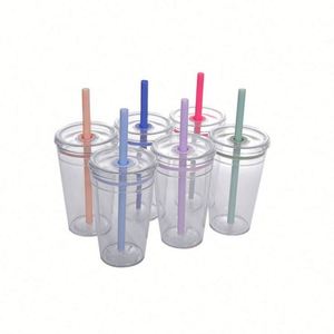 Gobelets à boisson en plastique écologiques de 450 ml, coloris bonbon, transparents et multicolores avec pailles - Product Image 2