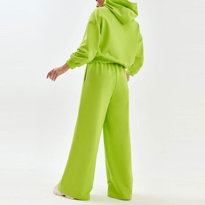Survêtement à capuche vert citron pour femme, coupe ample, manches longues, couleur unie, pantalon décontracté avec poches latérales, taille élastique, idéal pour le printemps - Product Image 2