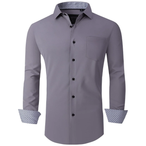 Camisa de Vestir Gris de Manga Larga para Hombre, Cuello Clásico, Color Sólido, Tela Popelina, Manga Larga, Estilo Casual Elegante para Otoño - Product Image 1