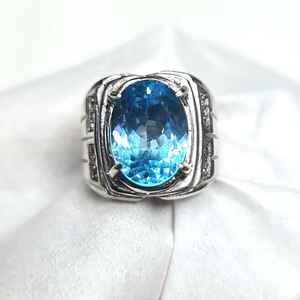 Bague pour homme en argent sterling 925, topaze bleue naturelle, argent suisse, faite à la main, bijoux en pierres précieuses, cadeau de luxe pour homme - Product Image 1