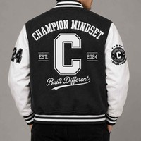 Veste universitaire Champion pour homme, noire et blanche, avec patch brodé lettre C, manches 24, style preppy, manteau automne-hiver pour homme