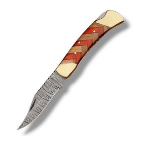 Couteaux pliants en acier Damas faits à la main avec étui en cuir, couteaux de poche portables pour la chasse, le camping, la randonnée, la survie en plein air et l'EDC - Product Image 1