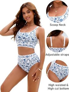 Ensemble bikini imprimé floral bleu pour femme, haut bandeau taille haute, col carré, maillot de bain deux pièces extensible, coupe régulière - Product Image 6