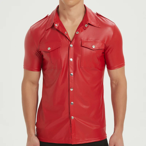 เสื้อเชิ้ตหนัง PU สีแดงพรีเมียม ทรงเข้ารูป แขนสั้น ติดกระดุม สไตล์สตรีทแวร์สำหรับผู้ชาย - Product Image 1