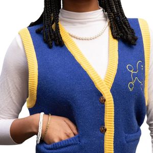 Chaleco de Punto para Mujer, Azul Dorado, Inspirado en la Hermandad, Sin Mangas, Cuello en V, Estilo Casual para Damas - Product Image 2
