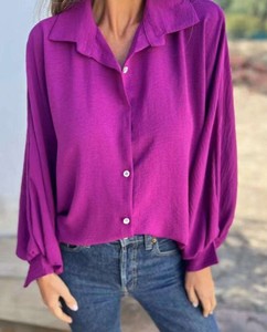 Chemisier uni à col rabattu pour femme, manches raglan, boutons sur le devant, printemps, été, automne - Product Image 5