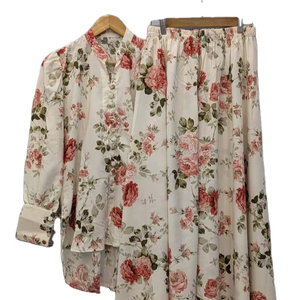 Conjunto de Falda y Blusa para Mujer, Estampado Floral, Corte Regular, Elegante, Cuello en V, Poliéster/Algodón, Cintura Alta, Antiarrugas, Venta al Por Mayor - Product Image 1
