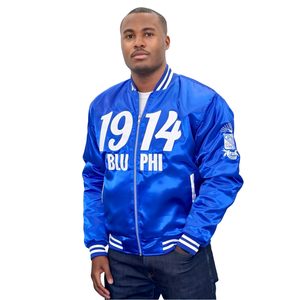 Blouson Bomber Blu Phi Sigma 1914 pour Homme, en Satin Bleu avec Lettres Grecques, Vêtement de Fraternité, Fermeture Éclair, Coupe Classique, Vêtement d'extérieur Premium - Product Image 1