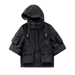 Multi Pocket <b>Punk</b> Style Mens Techwear Hooded Streetwear Custom logo Windbreaker <b>Jacket</b> Black Techwear Buckled Zip Cargo <b>Jacket</b> - Product Image 1