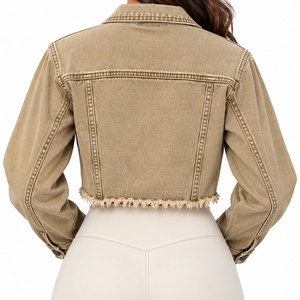 Veste en jean courte pour femme, couleur unie, manches longues, col rabattu, ourlet à franges, style trucker, pour l'automne - Product Image 2