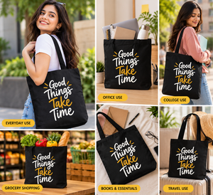 Les bonnes choses prennent du temps, sac fourre-tout en toile personnalisé avec fermeture éclair imprimée, pour le shopping, les voyages, réutilisable, toutes saisons, style minimaliste - Product Image 4