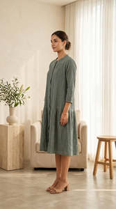 Linen Maxi Dress Crew Neck <b>Three</b> Quarter Sleeve Loose Fit Solid Color Button Front Casual Daily Wear All Seasons Women - Product Image 2