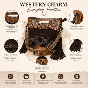 Bolso de Hombro de Cuero Estilo Western con Flecos y Grabado Floral, Bolso Bandolera de Cuero Genuino para Mujer - Product Image 5