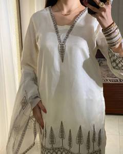 Women Traditional <b>Indian</b> Pakistani Cotton Ankle-Length <b>Kurta</b> Set With Embroidered Tree Pattern Loose Fit Casual Wear - Product Image 3