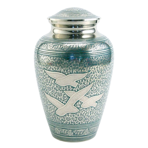 Urnes funéraires pour adultes en laiton de haute qualité avec gravure d'oiseaux en vol, finition en étain et couleur bleue, pour cendres humaines - Product Image 1