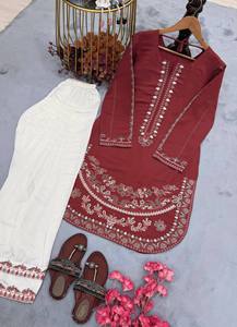 Premium Roman Silk Embroidered Floral Pattern O-Neck Short Top Knee Sleeveless Palazzo 2-Piece <b>Set</b> for Women Traditional Ethnic - Product Image 4