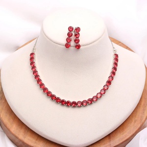 <b>Ruby</b> CZ <b>Necklace</b> Set White Gold Plated Brass Vintage Layered July Birthstone Bridal Wedding Party Anniversary Gift Jewelry - Product Image 1