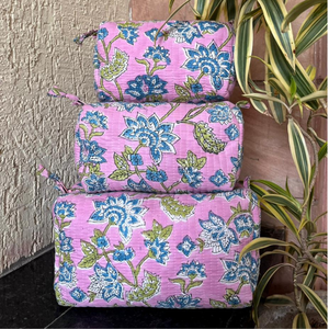Premium Durable Hand Block Printed Quilted Cotton Travel Cosmetic Organizer Set of 3 Waterproof Utility Pouches Pink & Purple - Product Image 3