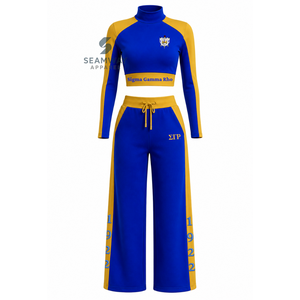 Conjunto Deportivo Sigma Gamma Rho para Mujer, Top Corto con Cuello Alto y Bloques de Color, Pantalones Holgados con Cordón, Ropa Deportiva para Hermandad - Product Image 1
