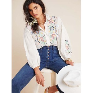 Ultra Feminine Charm Eco Friendly Cotton Hand Embroidery Women Shirt Button Down Top <b>Balloon</b> Sleeve Lady Blouse - Product Image 1
