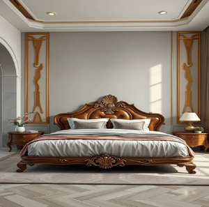 Elegante tapicería de cuero color canela combinada con madera pulida y tallados en relieve, disponible a precios de mayorista. - Product Image 1