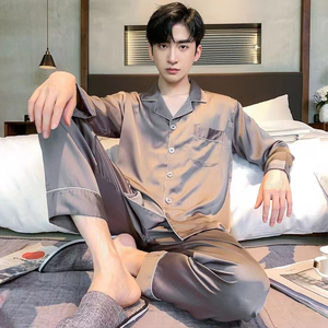 ชุดนอนผู้ชายแบบกำหนดเอง เสื้อเชิ้ตผ้าซาติน ชุดนอนติดกระดุม แขนยาว ชุดลำลอง - Product Image 5