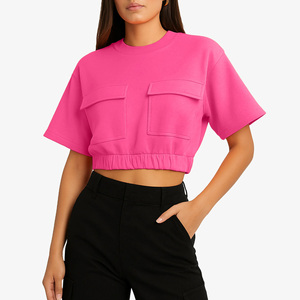 <b>Bubbles</b> Summer Crop <b>Top</b> Pink Short Sleeve Crew Neck Loose Fit Solid Color Pocket Detail Casual Wear Spring Cropped T-Shirt - Product Image 1