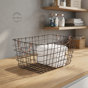 Eco Friendly Iron Wire Fruits <b>Basket</b> With Copper Handle Black Powder Coating Finished Rectangular Shape Large Size Customized - Product Image 1